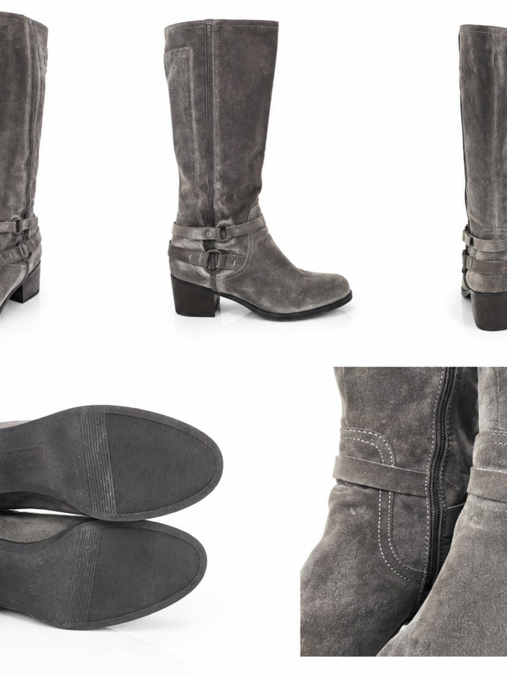 Naturalizer Gray Suede Mid-Calf Heeled Boots with Buckle Straps
